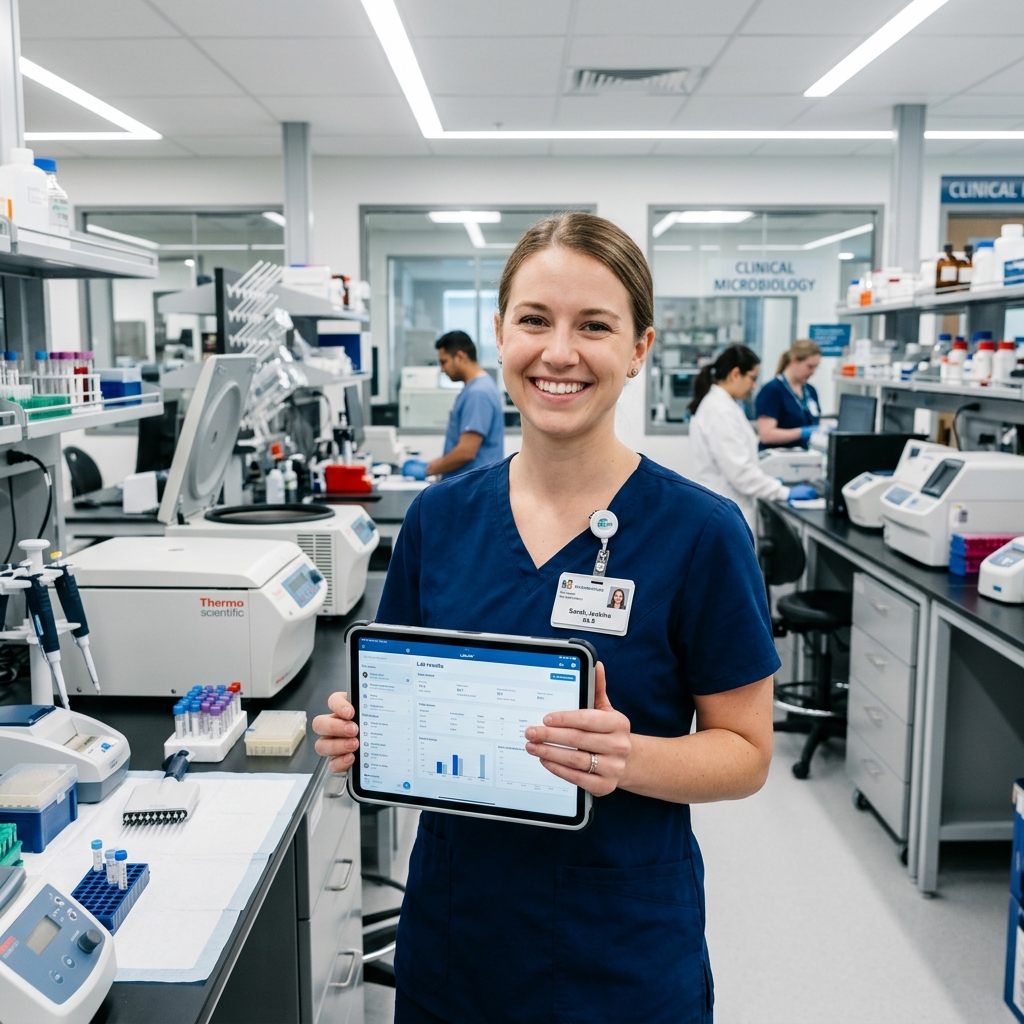 Friendly lab technician holding a tablet